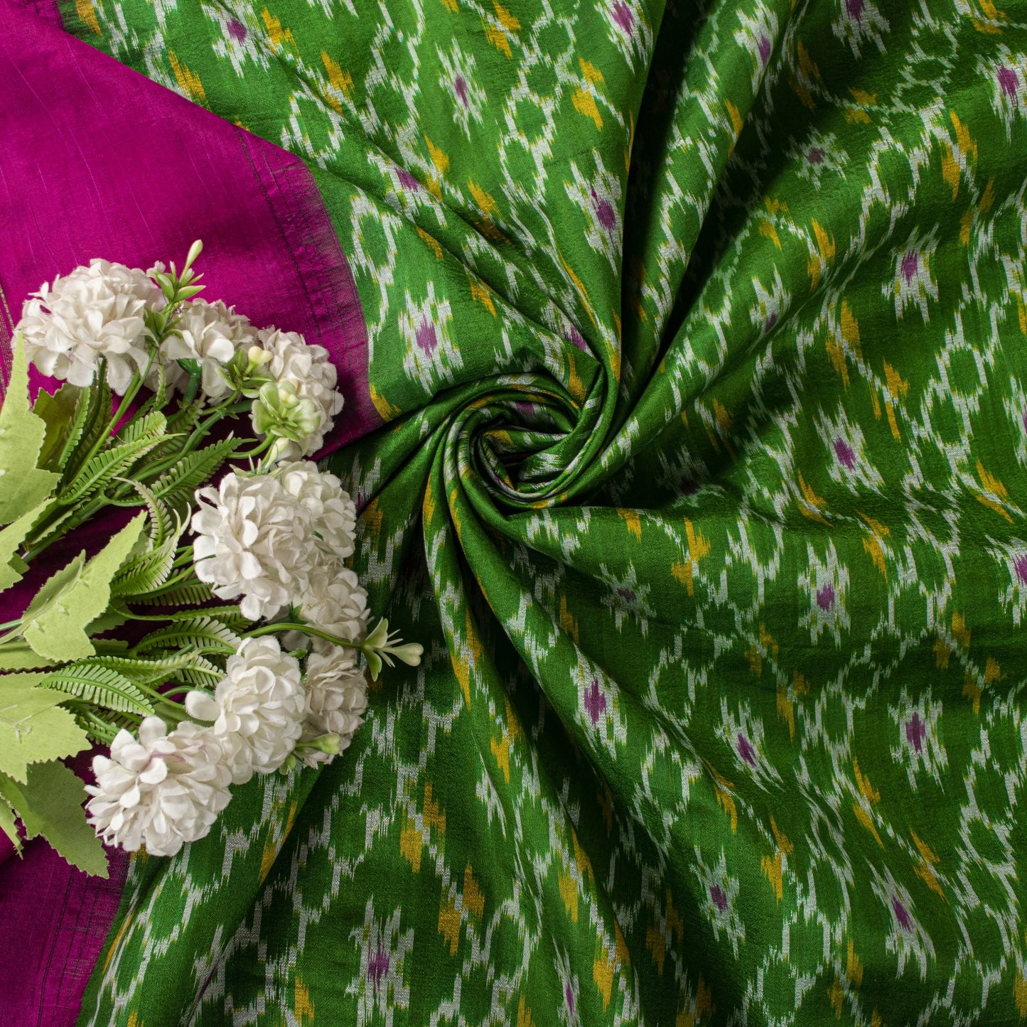 Sanskriti Vintage Green 100% Pure Silk Saree Ikat Hand Woven Pochampally Sari