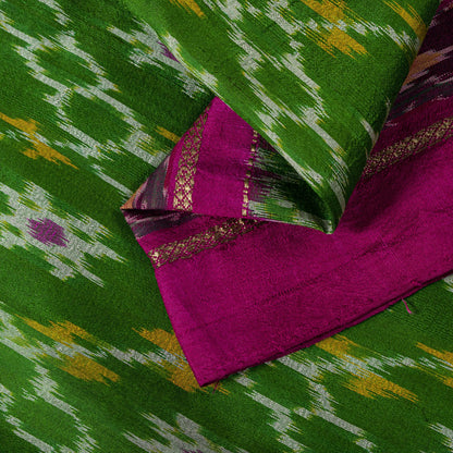 Sanskriti Vintage Green 100% Pure Silk Saree Ikat Hand Woven Pochampally Sari