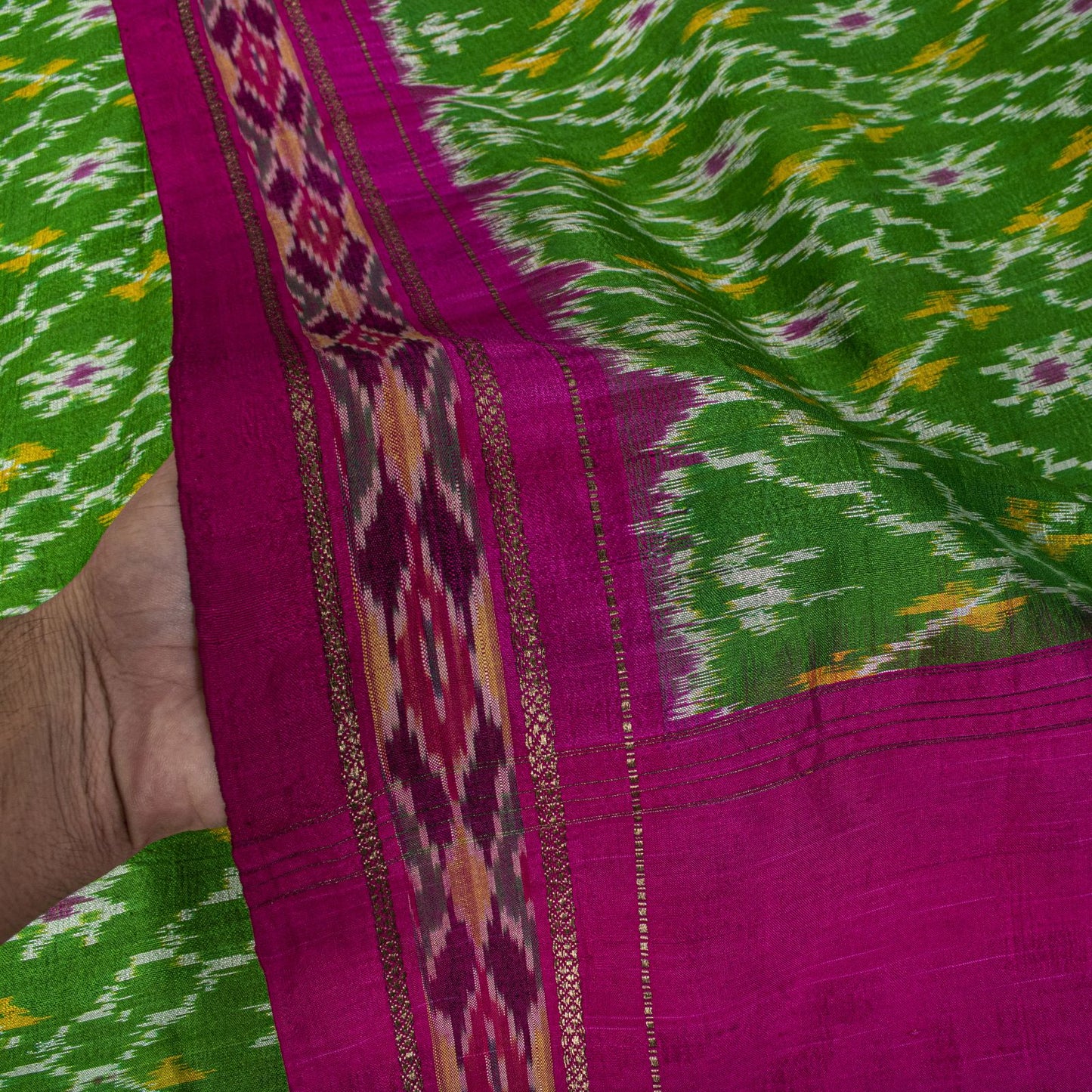 Sanskriti Vintage Green 100% Pure Silk Saree Ikat Hand Woven Pochampally Sari