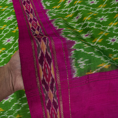 Sanskriti Vintage Green 100% Pure Silk Saree Ikat Hand Woven Pochampally Sari