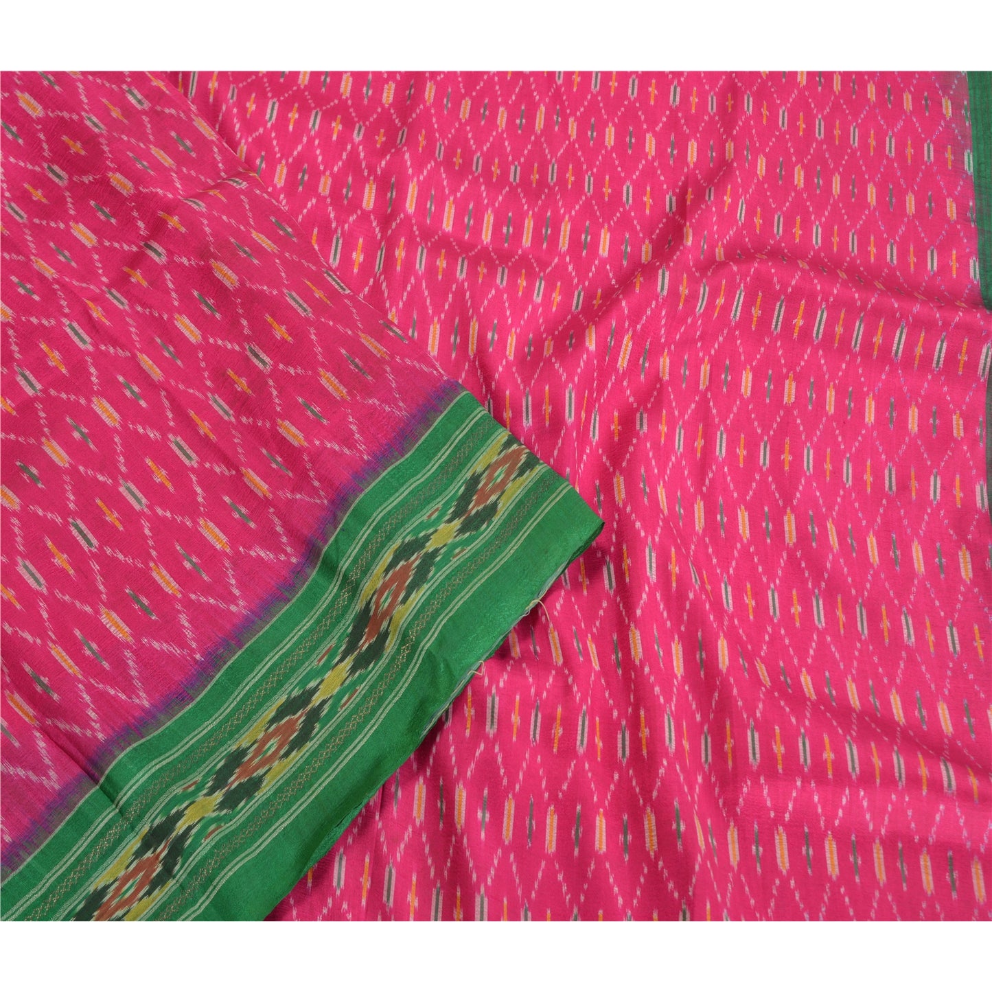 Sanskriti Vintage Saree Pink Sambhalpuri Hand Woven Ikat Pure Silk Sari Fabric