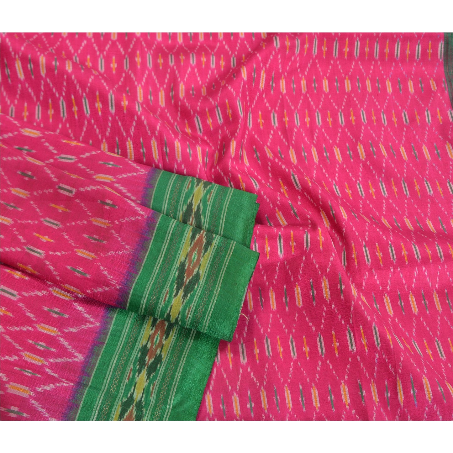 Sanskriti Vintage Saree Pink Sambhalpuri Hand Woven Ikat Pure Silk Sari Fabric