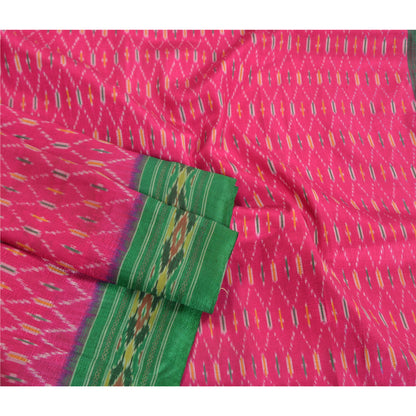Sanskriti Vintage Saree Pink Sambhalpuri Hand Woven Ikat Pure Silk Sari Fabric