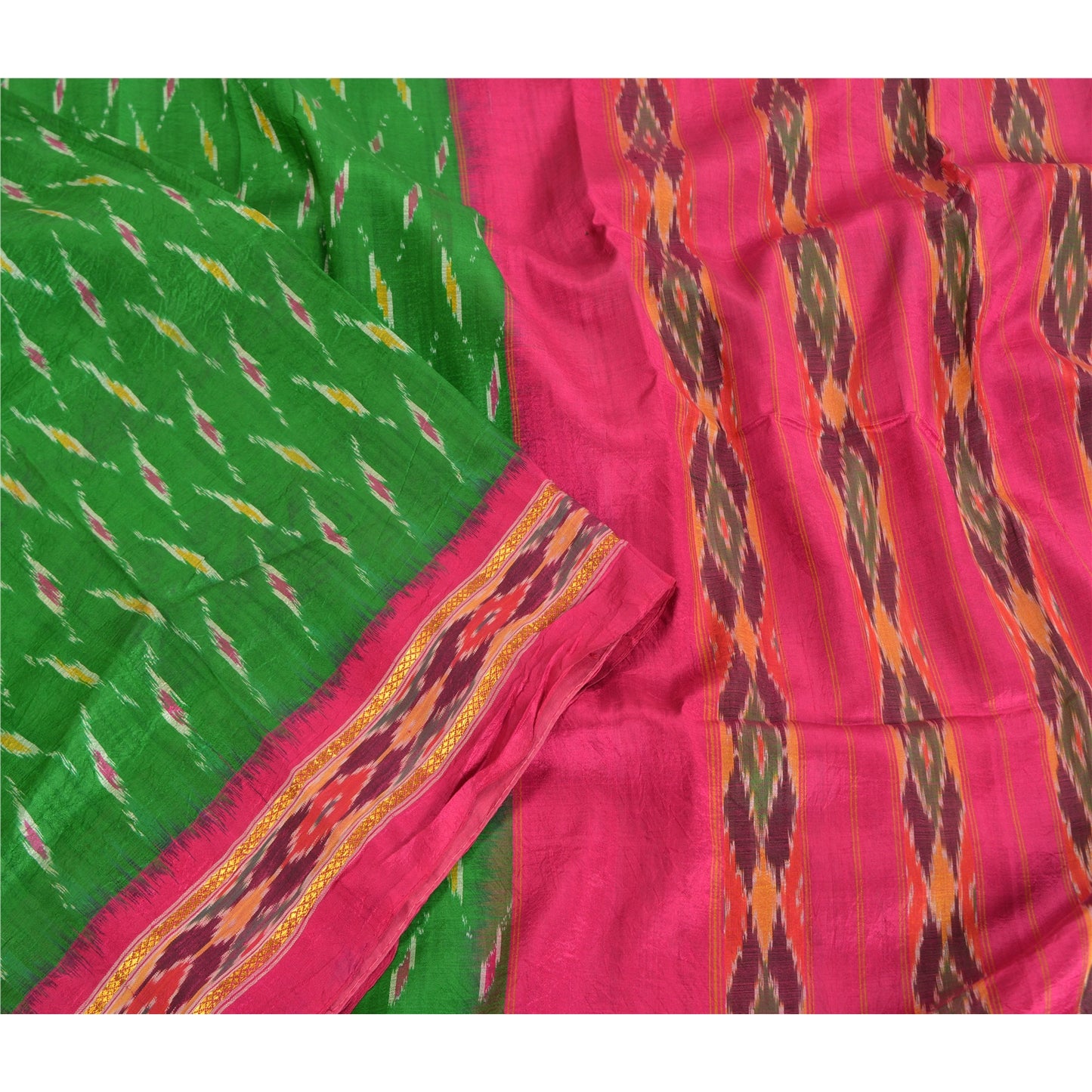 Sanskriti Vintage Sarees Green Pochampally Hand Woven Ikat Pure Silk Sari Fabric