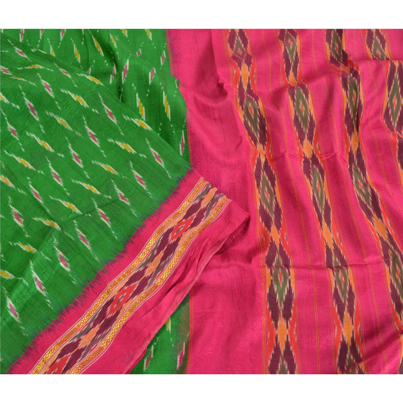 Sanskriti Vintage Sarees Green Pochampally Hand Woven Ikat Pure Silk Sari Fabric