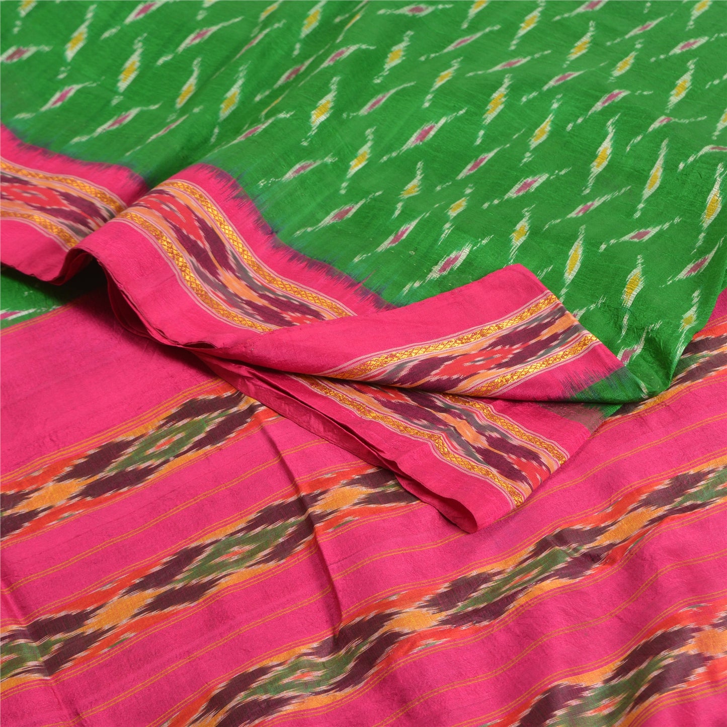 Sanskriti Vintage Sarees Green Pochampally Hand Woven Ikat Pure Silk Sari Fabric