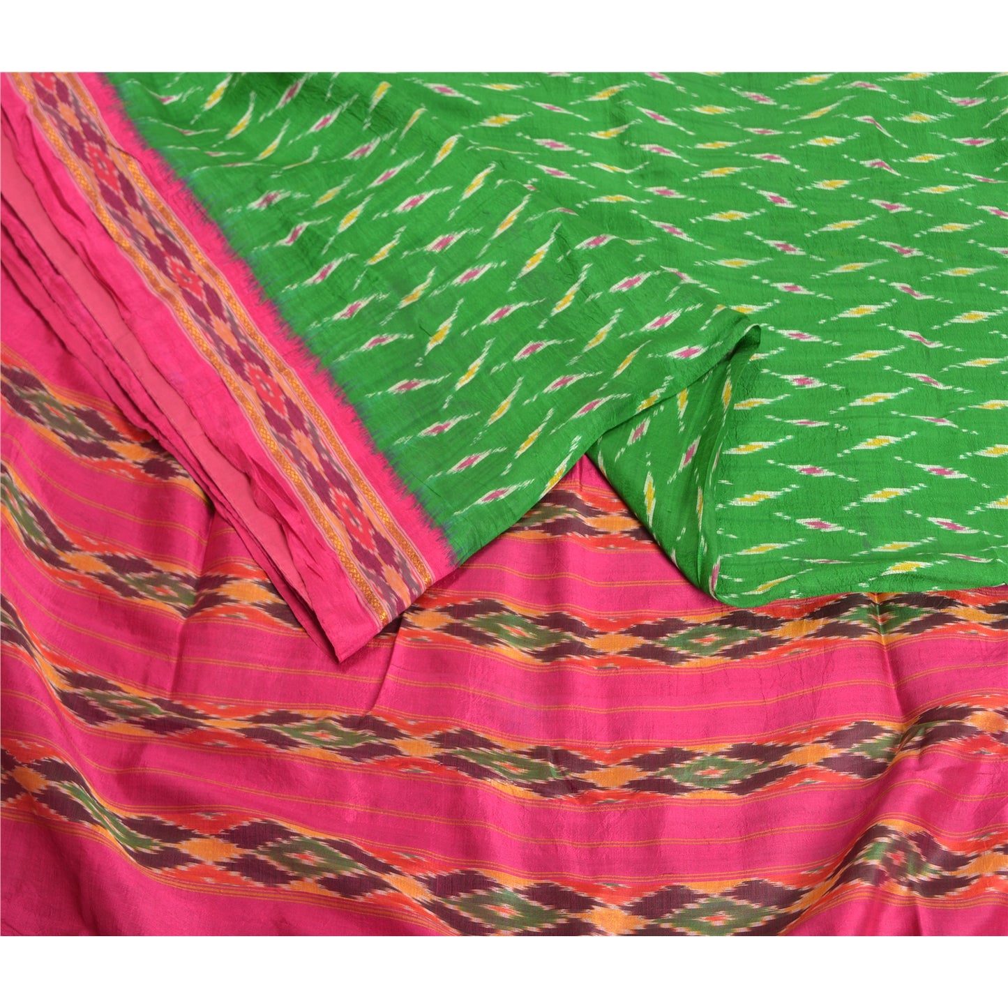 Sanskriti Vintage Sarees Green Pochampally Hand Woven Ikat Pure Silk Sari Fabric