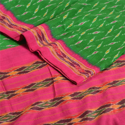 Sanskriti Vintage Sarees Green Pochampally Hand Woven Ikat Pure Silk Sari Fabric