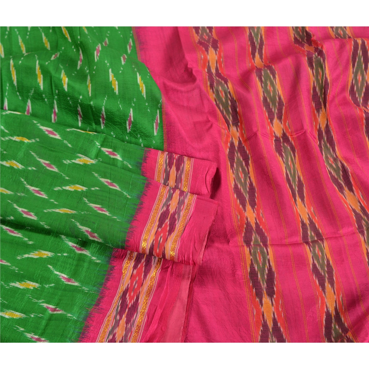 Sanskriti Vintage Sarees Green Pochampally Hand Woven Ikat Pure Silk Sari Fabric