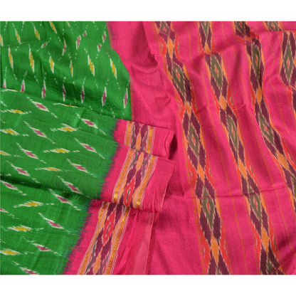 Sanskriti Vintage Sarees Green Pochampally Hand Woven Ikat Pure Silk Sari Fabric