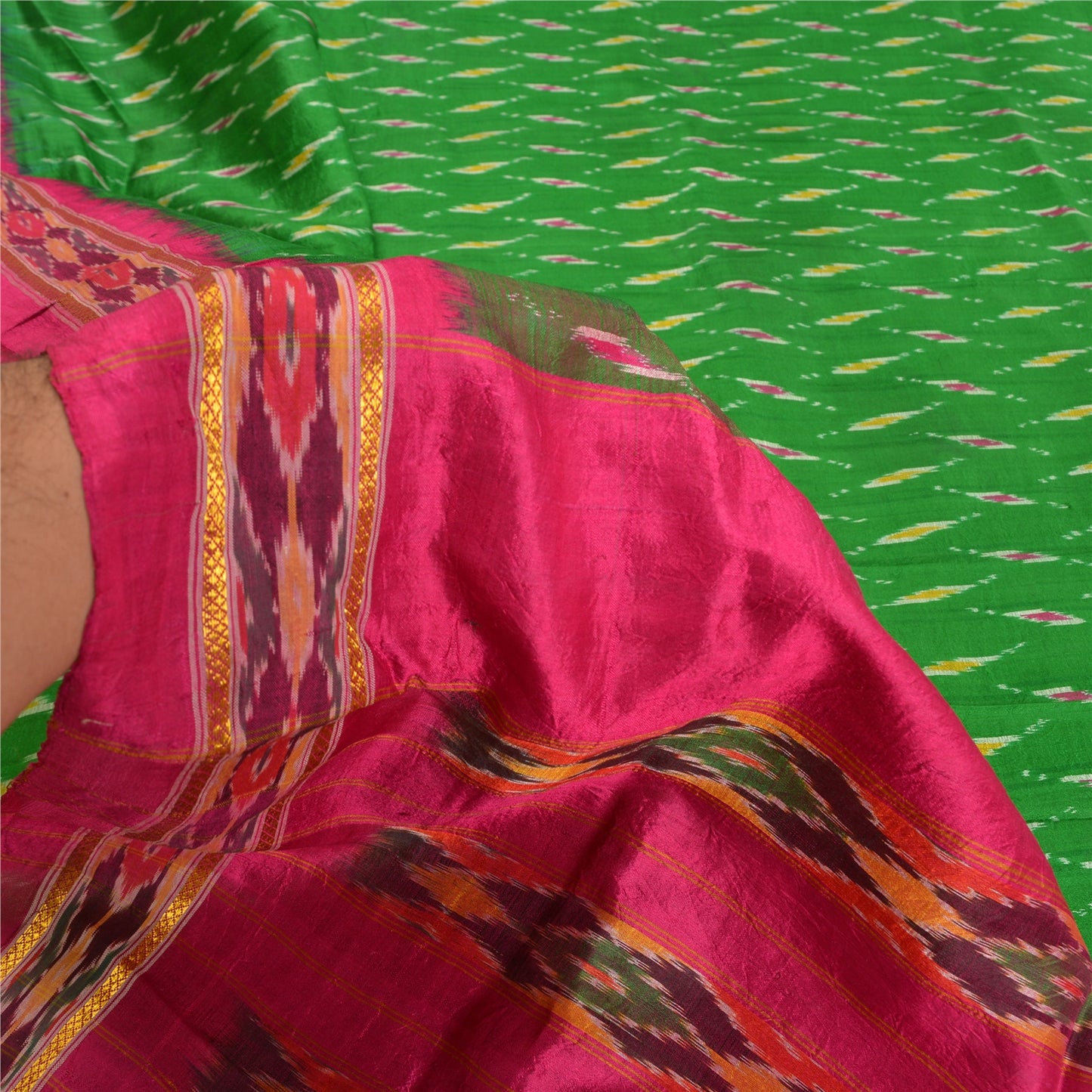 Sanskriti Vintage Sarees Green Pochampally Hand Woven Ikat Pure Silk Sari Fabric