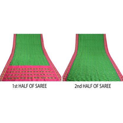 Sanskriti Vintage Sarees Green Pochampally Hand Woven Ikat Pure Silk Sari Fabric