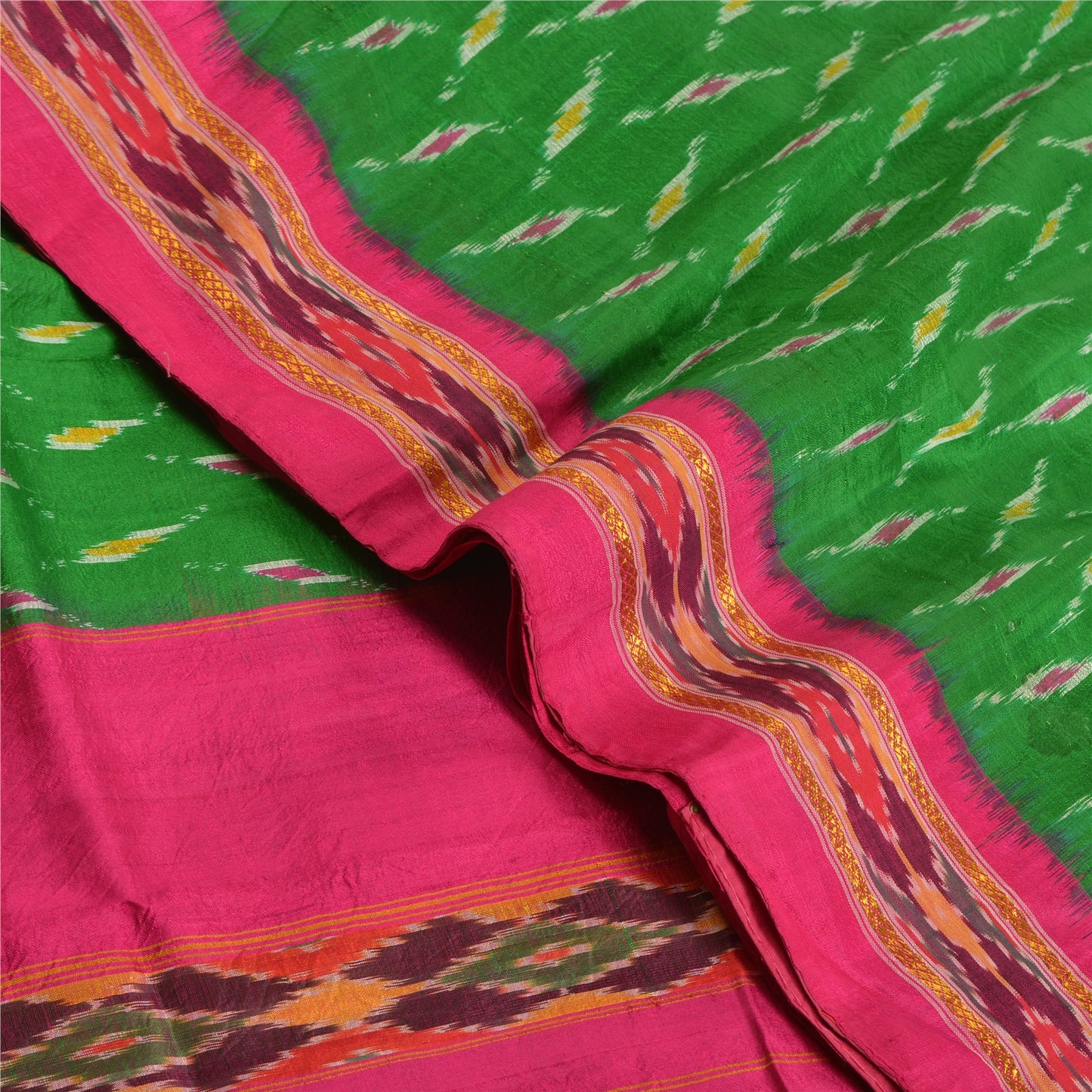 Sanskriti Vintage Sarees Green Pochampally Hand Woven Ikat Pure Silk Sari Fabric