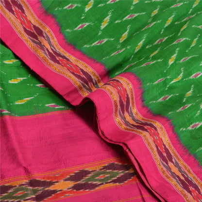 Sanskriti Vintage Sarees Green Pochampally Hand Woven Ikat Pure Silk Sari Fabric