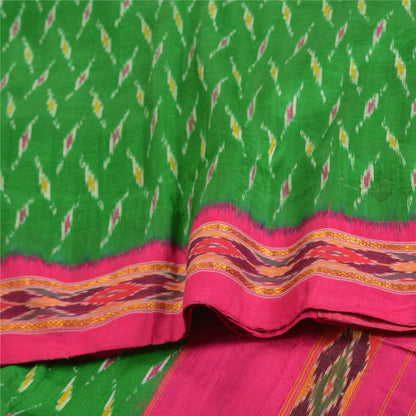 Sanskriti Vintage Sarees Green Pochampally Hand Woven Ikat Pure Silk Sari Fabric