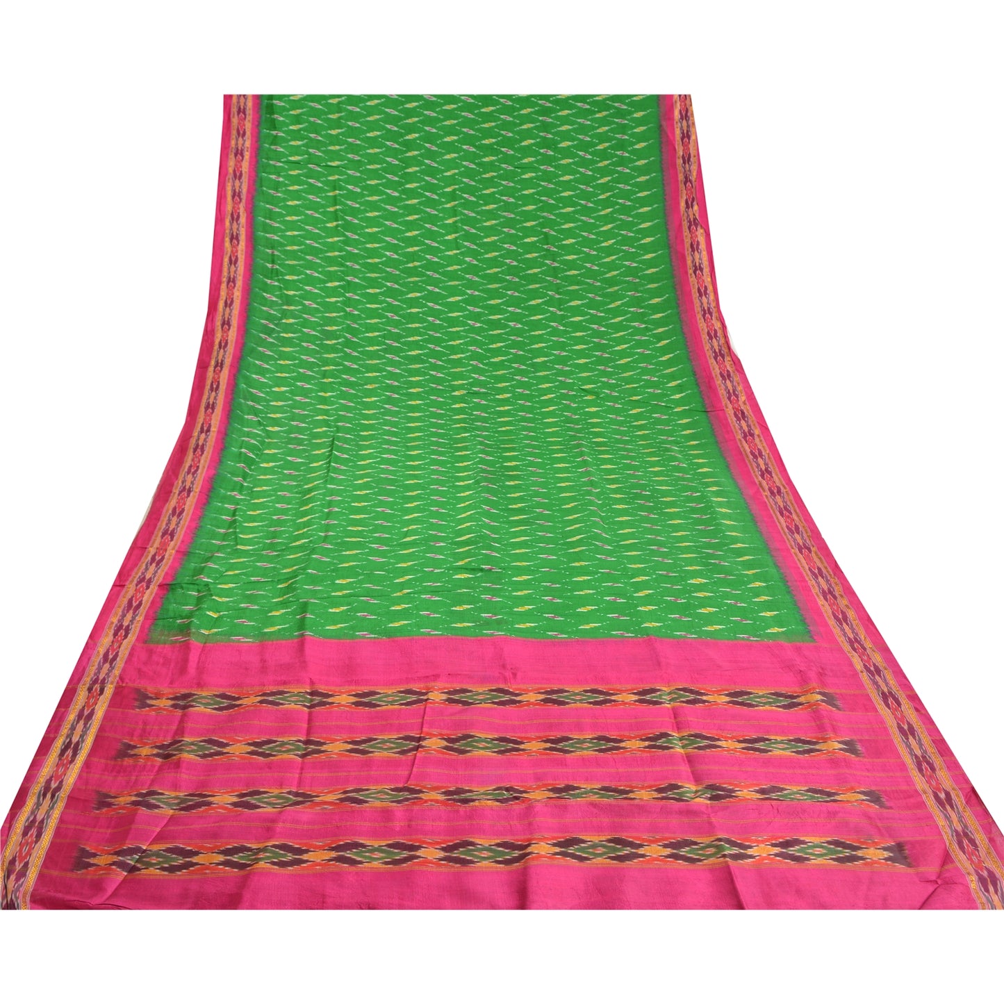 Sanskriti Vintage Sarees Green Pochampally Hand Woven Ikat Pure Silk Sari Fabric