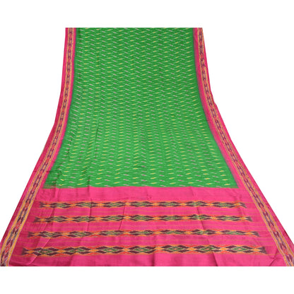 Sanskriti Vintage Sarees Green Pochampally Hand Woven Ikat Pure Silk Sari Fabric