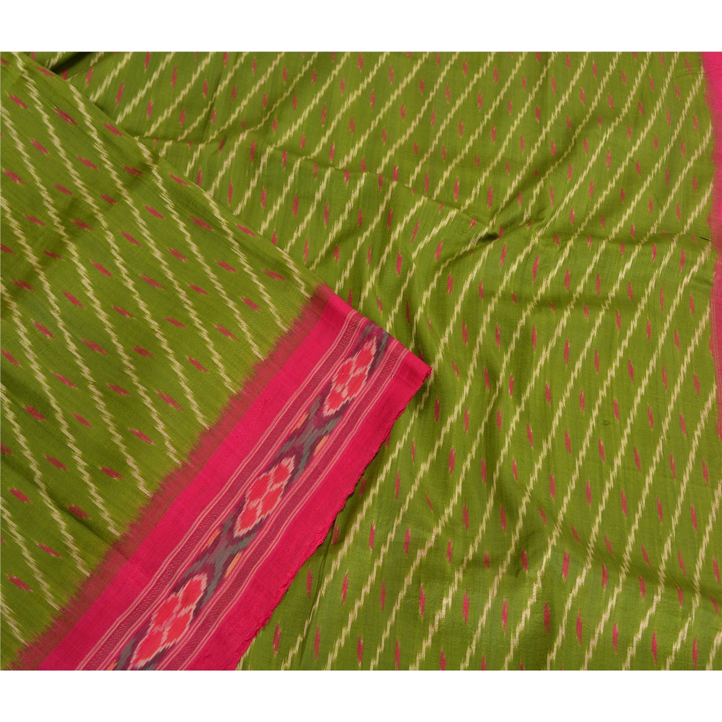 Sanskriti Vintage Saree Green Sambhalpuri Hand Woven Ikat Pure Silk Sari Fabric