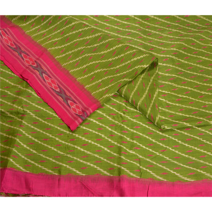 Sanskriti Vintage Saree Green Sambhalpuri Hand Woven Ikat Pure Silk Sari Fabric