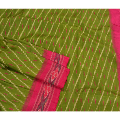 Sanskriti Vintage Saree Green Sambhalpuri Hand Woven Ikat Pure Silk Sari Fabric