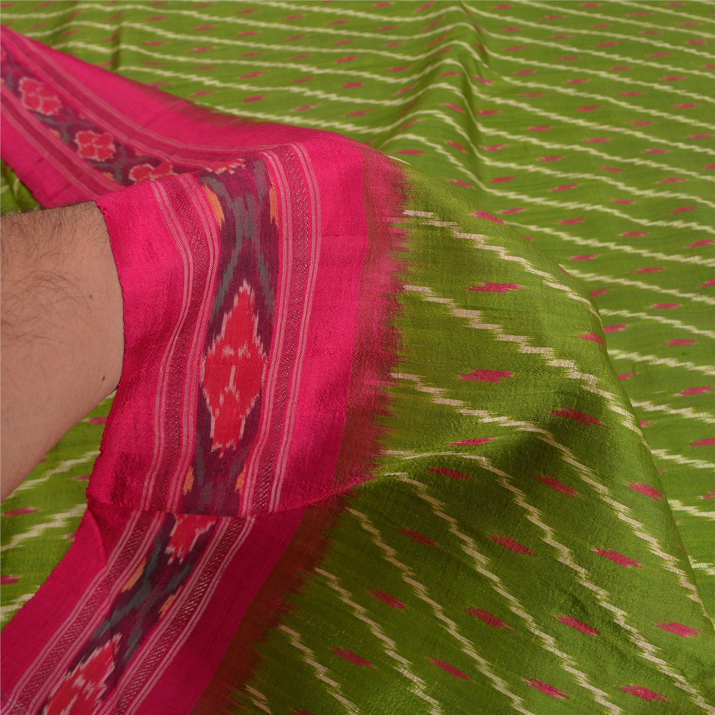 Sanskriti Vintage Saree Green Sambhalpuri Hand Woven Ikat Pure Silk Sari Fabric