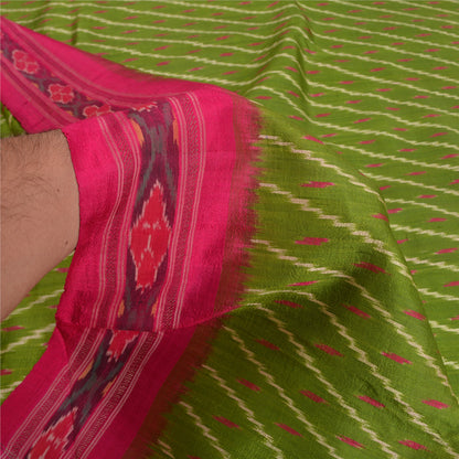Sanskriti Vintage Saree Green Sambhalpuri Hand Woven Ikat Pure Silk Sari Fabric