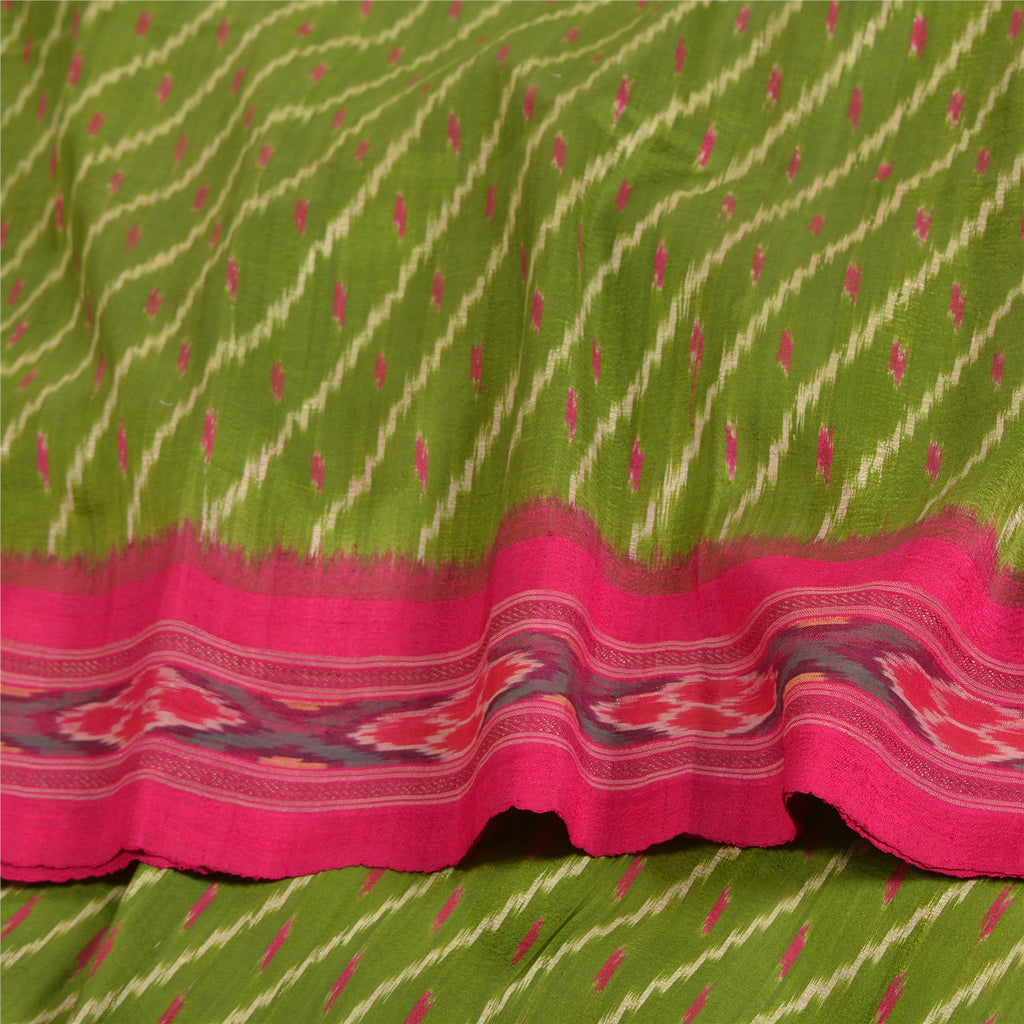 Sanskriti Vintage Saree Green Sambhalpuri Hand Woven Ikat Pure Silk Sari Fabric