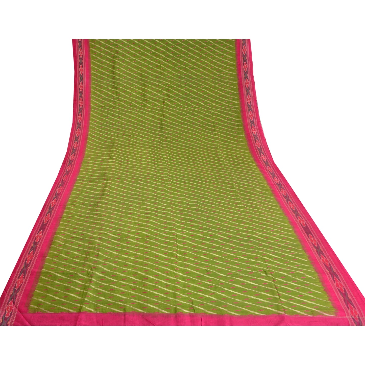 Sanskriti Vintage Saree Green Sambhalpuri Hand Woven Ikat Pure Silk Sari Fabric
