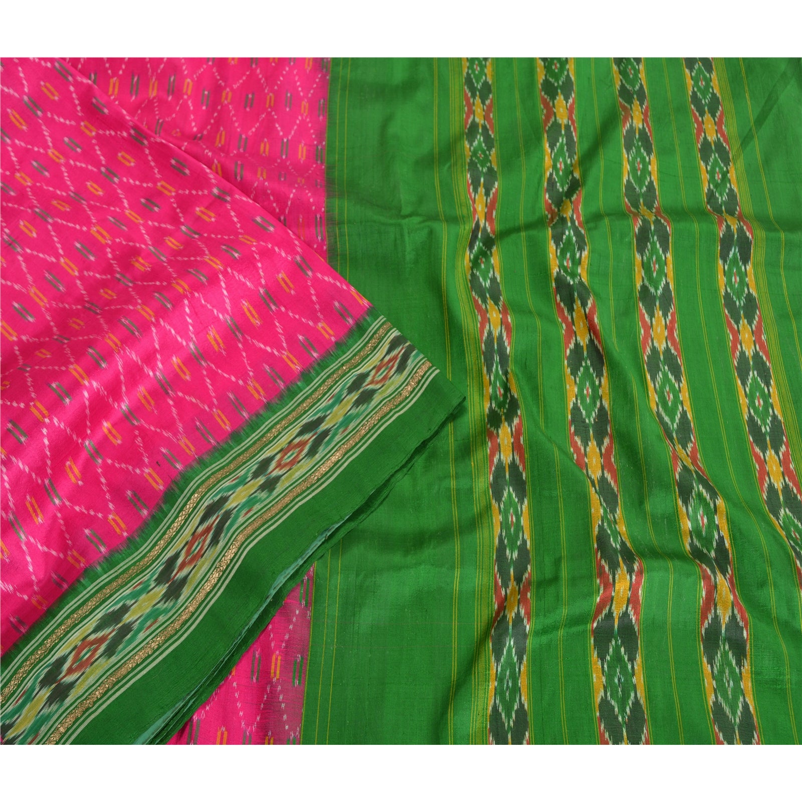 Sanskriti Vintage Saree Pink Sambhalpuri Hand Woven Ikat Pure Silk Sari Fabric