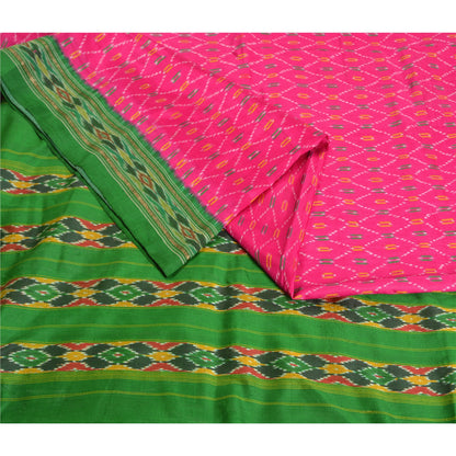 Sanskriti Vintage Saree Pink Sambhalpuri Hand Woven Ikat Pure Silk Sari Fabric