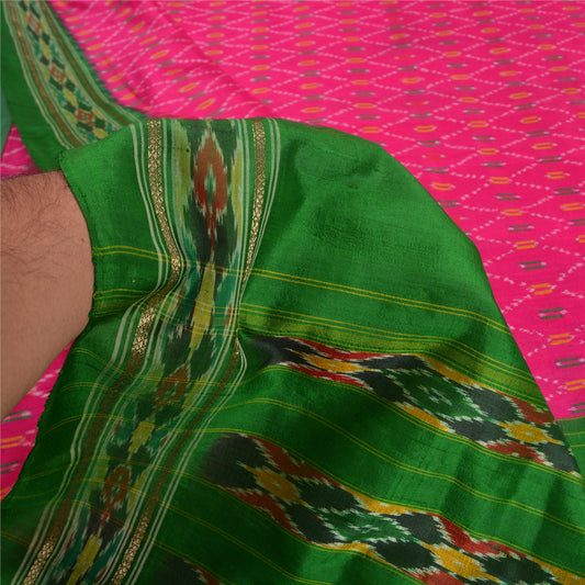 Sanskriti Vintage Saree Pink Sambhalpuri Hand Woven Ikat Pure Silk Sari Fabric