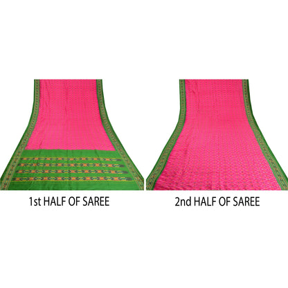 Sanskriti Vintage Saree Pink Sambhalpuri Hand Woven Ikat Pure Silk Sari Fabric