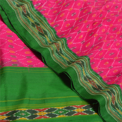 Sanskriti Vintage Saree Pink Sambhalpuri Hand Woven Ikat Pure Silk Sari Fabric