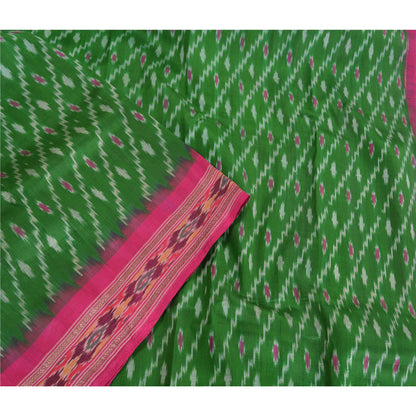 Sanskriti Vintage Saree Green Sambhalpuri Hand Woven Ikat Pure Silk Sari Fabric