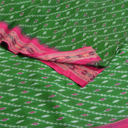 Sanskriti Vintage Saree Green Sambhalpuri Hand Woven Ikat Pure Silk Sari Fabric