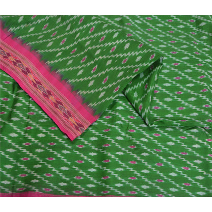 Sanskriti Vintage Saree Green Sambhalpuri Hand Woven Ikat Pure Silk Sari Fabric
