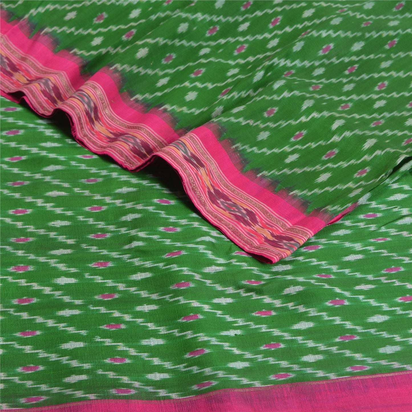 Sanskriti Vintage Saree Green Sambhalpuri Hand Woven Ikat Pure Silk Sari Fabric