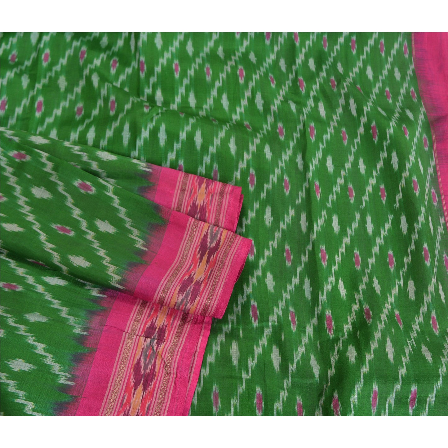 Sanskriti Vintage Saree Green Sambhalpuri Hand Woven Ikat Pure Silk Sari Fabric