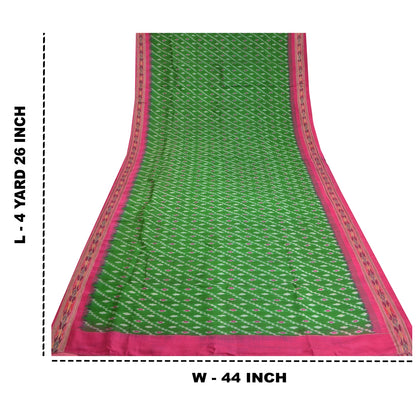 Sanskriti Vintage Saree Green Sambhalpuri Hand Woven Ikat Pure Silk Sari Fabric