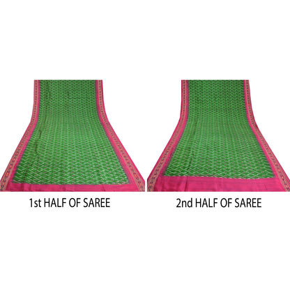 Sanskriti Vintage Saree Green Sambhalpuri Hand Woven Ikat Pure Silk Sari Fabric