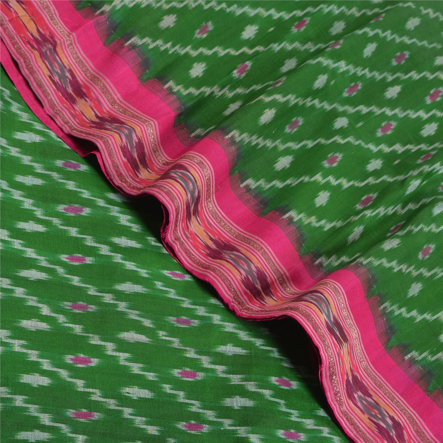 Sanskriti Vintage Saree Green Sambhalpuri Hand Woven Ikat Pure Silk Sari Fabric