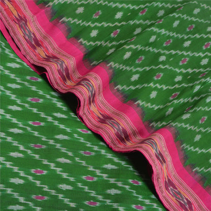 Sanskriti Vintage Saree Green Sambhalpuri Hand Woven Ikat Pure Silk Sari Fabric