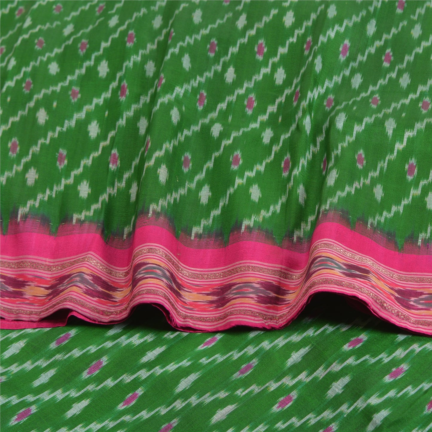 Sanskriti Vintage Saree Green Sambhalpuri Hand Woven Ikat Pure Silk Sari Fabric