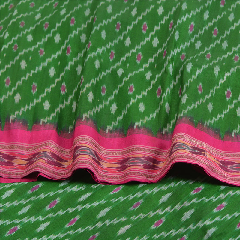 Sanskriti Vintage Sari 100% Pure Silk Saree Green Sambhalpuri Hand Woven Ikat 5yd Craft Fabric Add-to Table Linen, Curtains, or Cushions