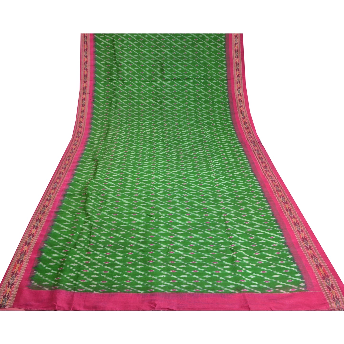 Sanskriti Vintage Saree Green Sambhalpuri Hand Woven Ikat Pure Silk Sari Fabric