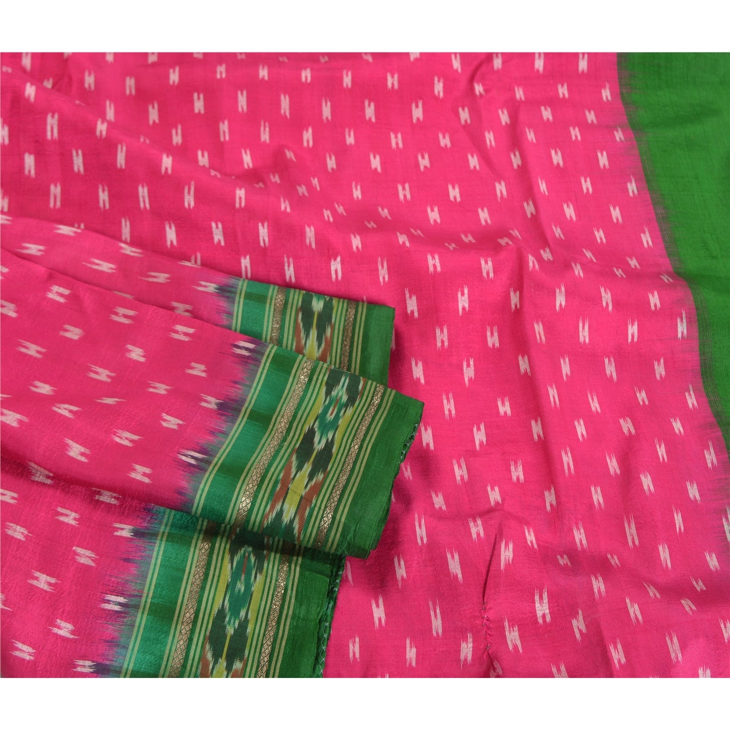 Sanskriti Vintage Saree Pink Pochampally Hand Woven Ikat Pure Silk Sari Fabric