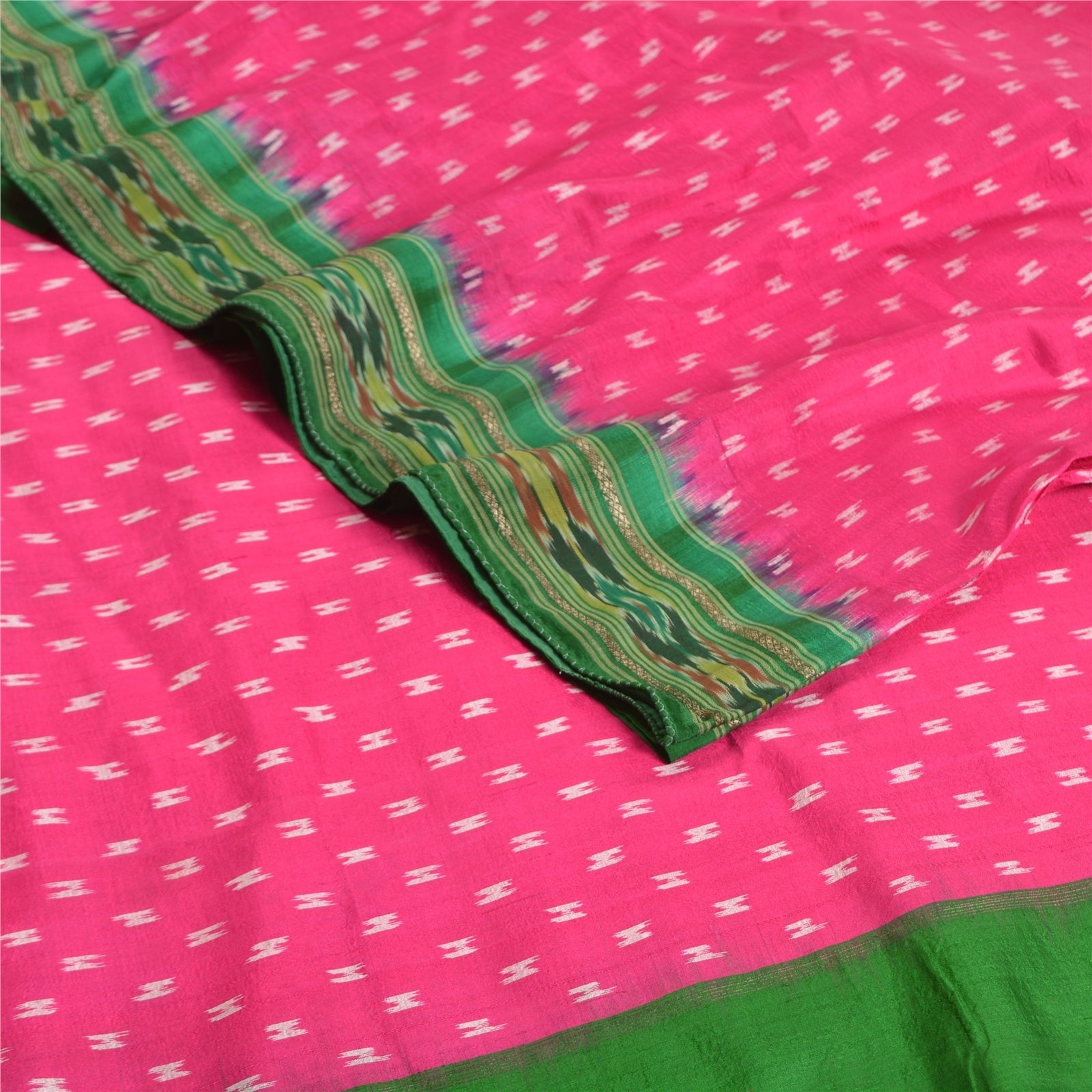 Sanskriti Vintage Saree Pink Pochampally Hand Woven Ikat Pure Silk Sari Fabric
