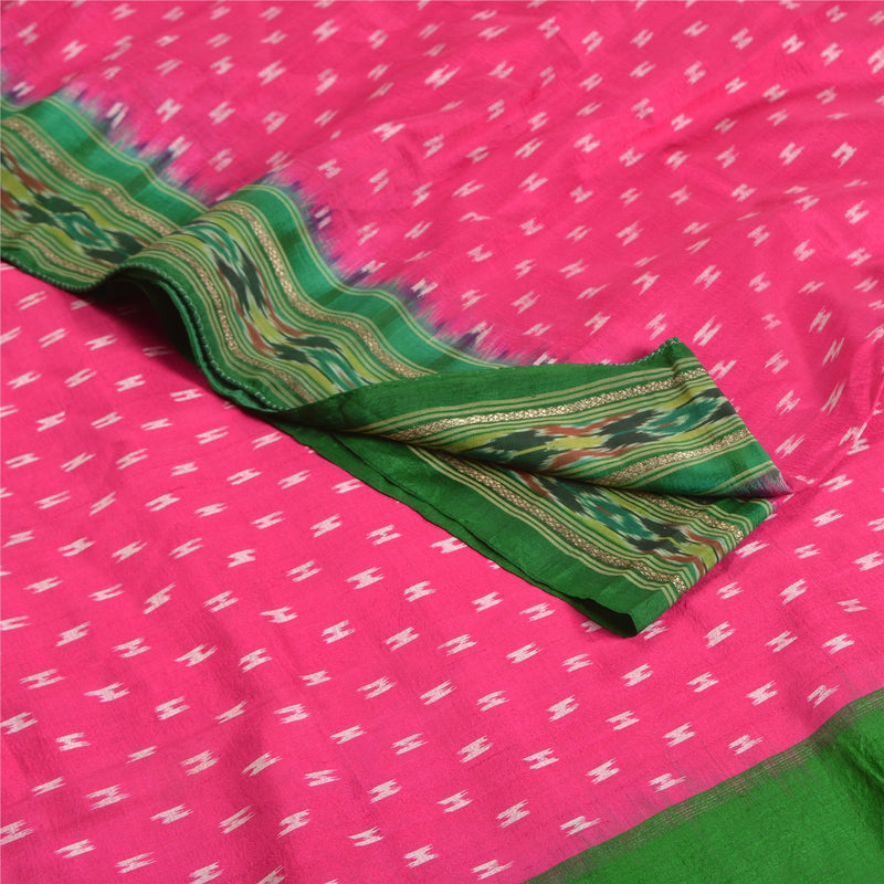 Sanskriti Vintage Saree Pink 100% Pure Silk 5YD Sari Pochampally Hand Woven Ikat Fabric Telangana of India India Textile Heritage Supplies