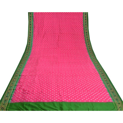 Sanskriti Vintage Saree Pink Pochampally Hand Woven Ikat Pure Silk Sari Fabric