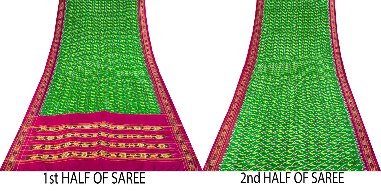 Sanskriti Vintage GreenPure Silk Saree Double Ikat Hand Woven Pochampally Sari